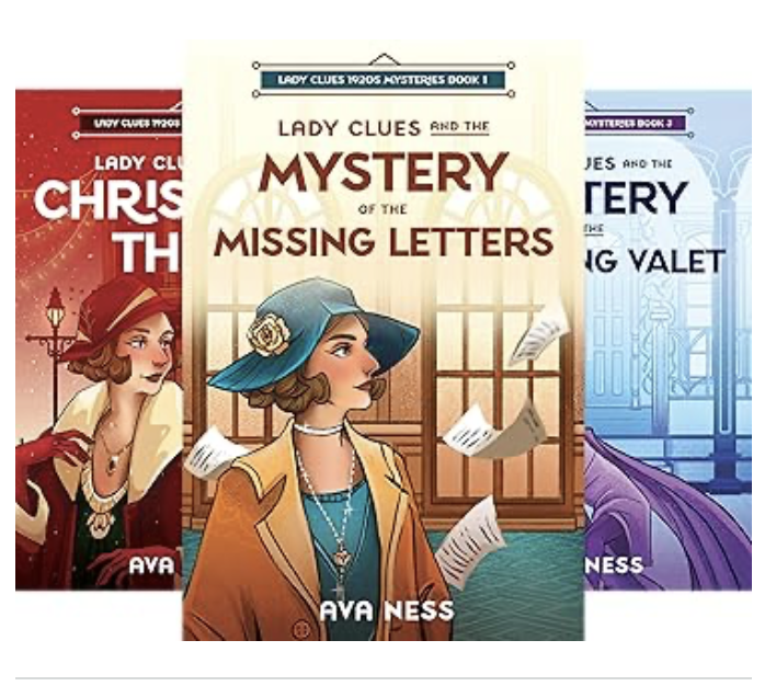 Book bundle image featuring the Lady Clues 1920s Mysteries series by Ava Ness. The central cover shows Lady Clues and the Mystery of the Missing Letters, with a stylish 1920s woman in a blue hat surrounded by flying pages. Partially visible behind it are covers for Lady Clues and the Christmas Thief (red background) and Lady Clues and the Mystery of the Vanishing Valet (blue background), each with the heroine dressed in vintage attire.